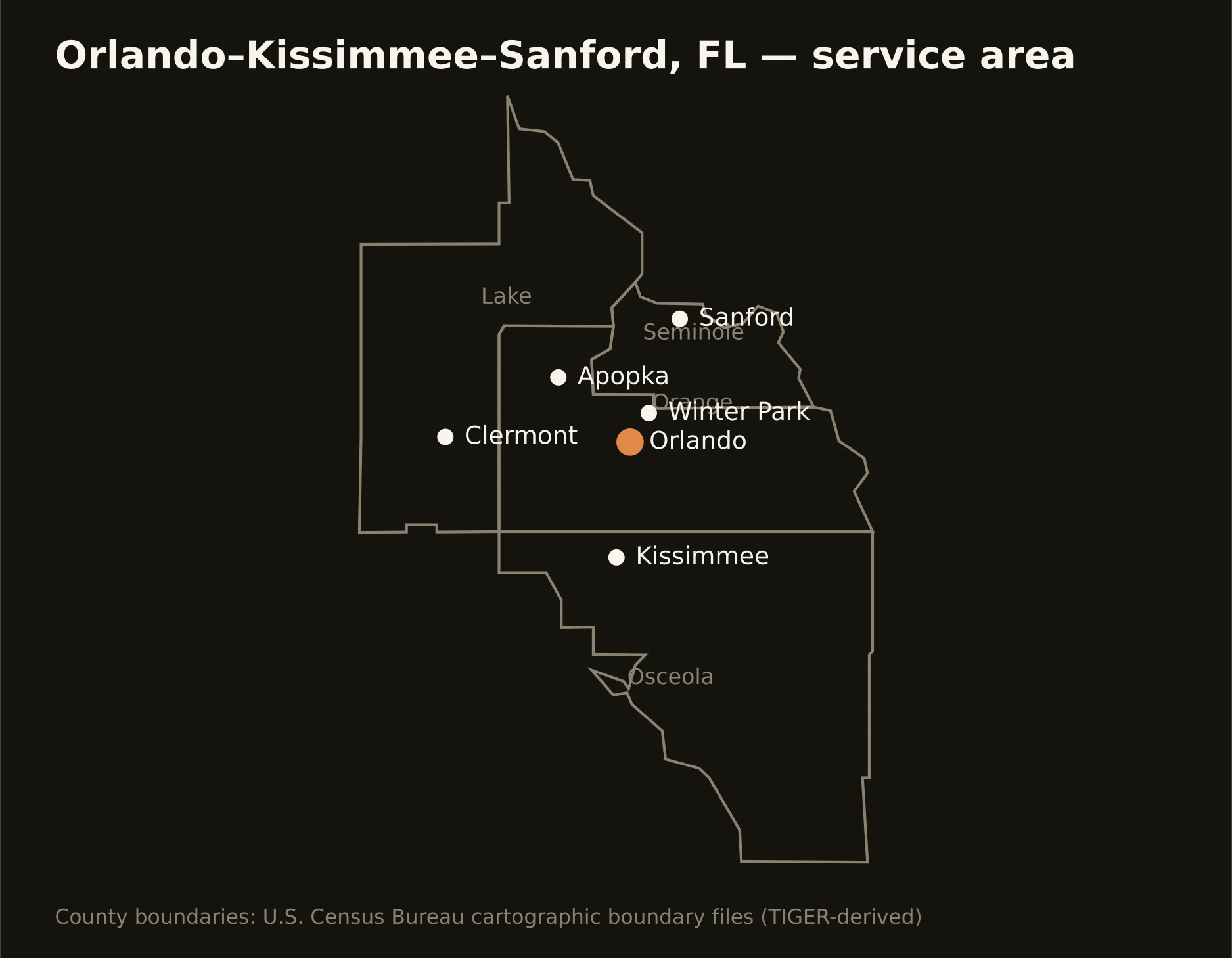 Orlando–Kissimmee–Sanford, FL directional drilling service area map — component counties and cities served